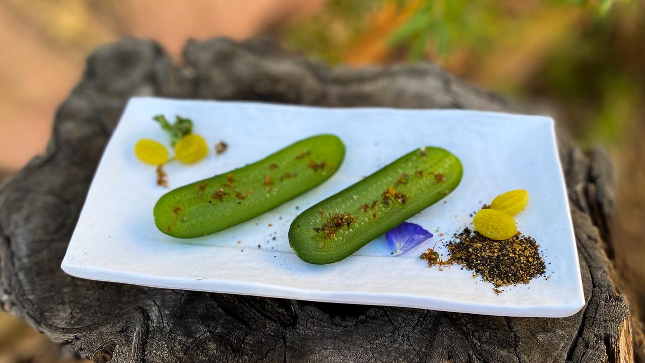 Green ants have a tangy lemon taste and are served on Gin infused cucumbers at Wintjiri Wiru. Picture: Voyages Indigenous Tourism Australia