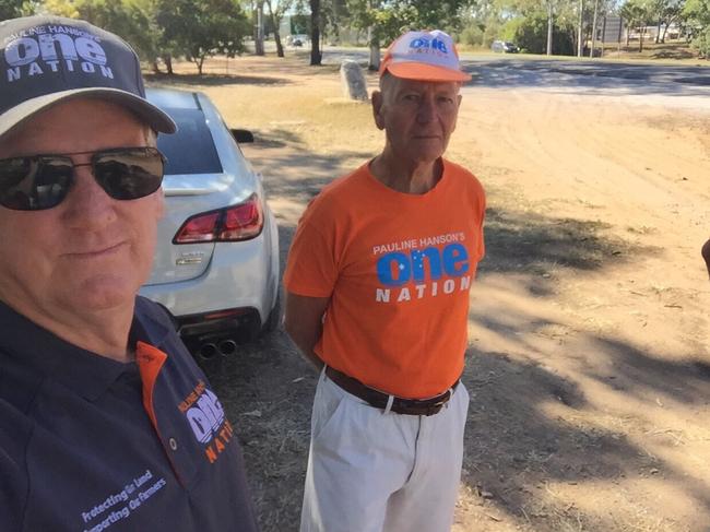 One Nation candidate for Gladstone Kevin Jorgensen (sunglasses) and his volunteer that was allegedly assaulted at the Boyne Island Community Centre pre-polling booth.