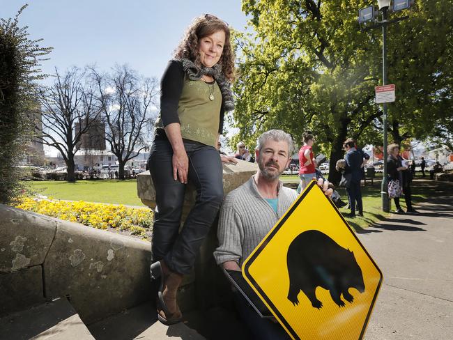 John Harris and Kim Rettig led a rally on Parliament House lawns to draw attention to the problem of mange on the wombat population. Picture: MATHEW FARRELL