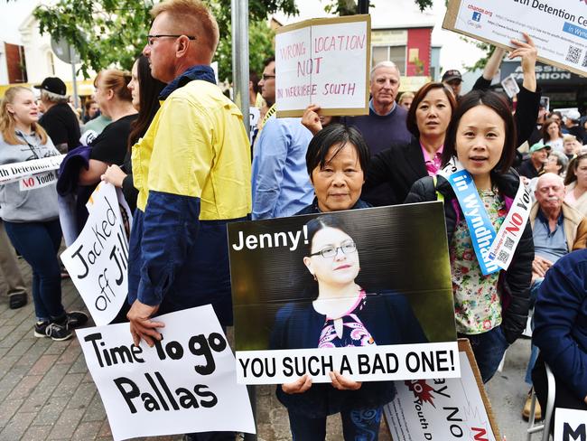 Locals gather to protest against the building of a youth justice centre in Werribee. Picture: Jake Nowakowski