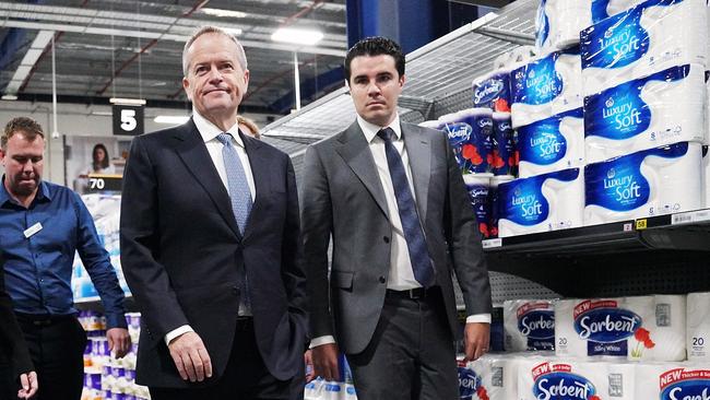 Opposition Leader Bill Shorten and federal Gellibrand Labor MP Tim Watts during a visit to WooliesX in West Footscray. Picture: AAP/Stefan Postles