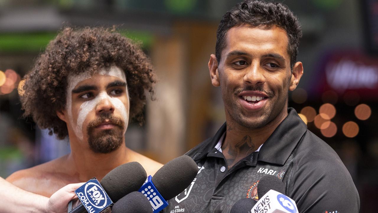 Josh Addo-Carr speaks to the media during the NRL Indigenous vs Maori All-Stars press conference at Southern Cross Station. (AAP Image/Daniel Pockett) 