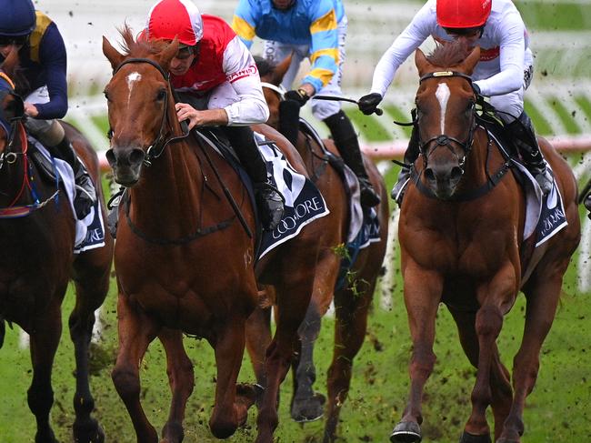 Jockey Hugh Bowman rides Opacity (second left) to victory in race 6, the Calyx @ Coolmore Australia Handicap, during Royal Randwick Raceday at Royal Randwick Racecourse in Sydney, Saturday, May 23, 2020. (AAP Image/Dan Himbrechts) NO ARCHIVING, EDITORIAL USE ONLY