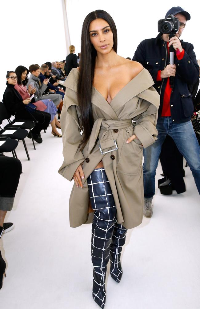 Kim Kardashian goes make-up free on October 2, 2016 at the Balenciaga show as part of the Paris Fashion Week. Picture: Getty