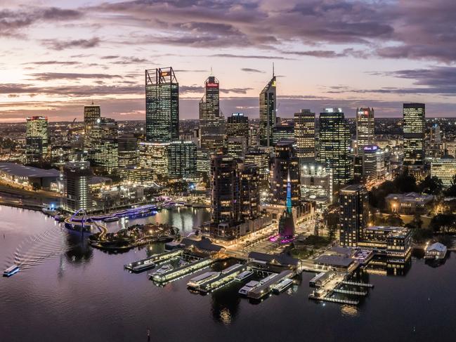 Aerial high angle drone view of Perth's CBD skyline with Elizabeth Quay in the foreground. Many mining companies are headquartered in PerthEscape 17 December 202348 Hours in - PerthPhoto: iStock