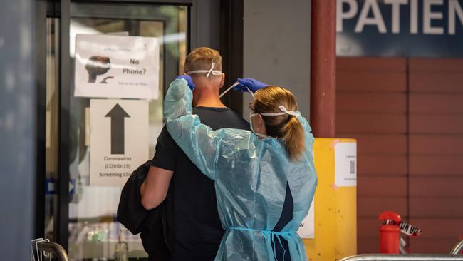 A patient being tested for coronavirus at Royal Melbourne Hospital. Picture: Jason Edwards