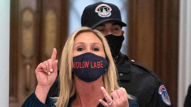 Republican congresswoman Marjorie Taylor Greene addresses journalists as she goes through security outside the House Chamber at Capitol Hill in Washington, DC. Picture: AFP