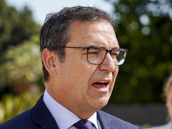 ADELAIDE, AUSTRALIA - SA Premier Steven Marshall (glasses), SA Health Dr Emily Kirkpatrick & SACA CEO Keith Bradshaw  talk to the press at Adelaide Oval, Saturday September 12, 2020 - pic Mike Burton