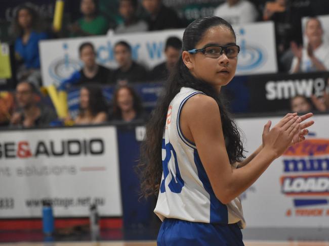 Action at the Basketball Queensland under-14 girls state championships at Bravus Arena in Rockhampton on July 1, 2024.