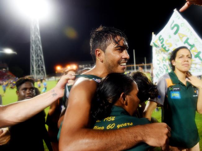 Shannon Rioli celebrates St Mary's winning the 2015-16 NTFL Grand Final against Wanderers at TIO Stadium. Picture: Elise Derwin