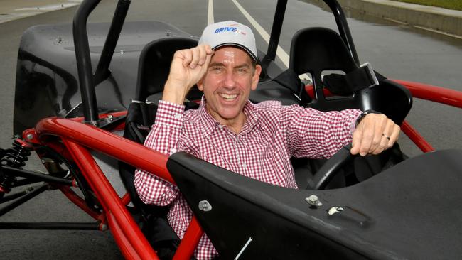 Deputy Premier and Treasurer Cameron Dick at the DriveIt Calcium facilty with a Ariel Tiger Shark GT. Picture: Evan Morgan