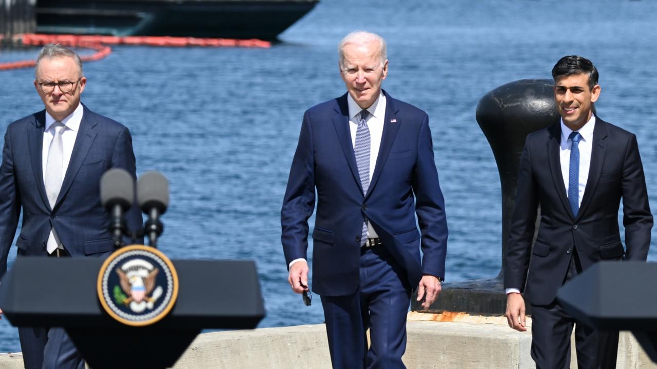 Anthony Albanese, Joe Biden and Rishi Sunak announced the AUKUS deal in San Diego. Picture: Jim Watson/AFP