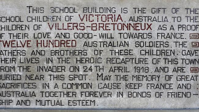 A foundation stone of a school in Villers-Bretonneux. Picture: David Dyson