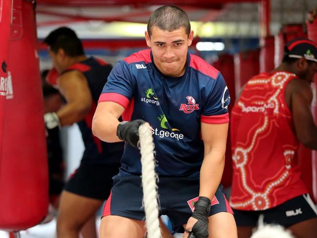 Perese grinds during a boxing session.