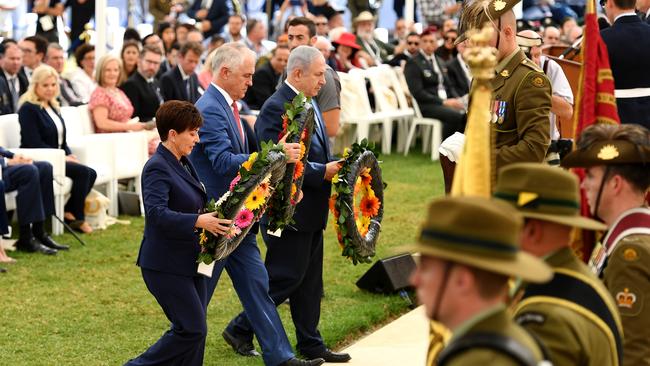 New Zealand Governor-General Patsy Reddy, then prime minister Malcolm Turnbull and Israeli leader Benjamin Netanyahu lay wreaths during a memorial ceremony at the Beersheba War Cemetery in Beersheba, Israel, in 2017. Picture: AAP