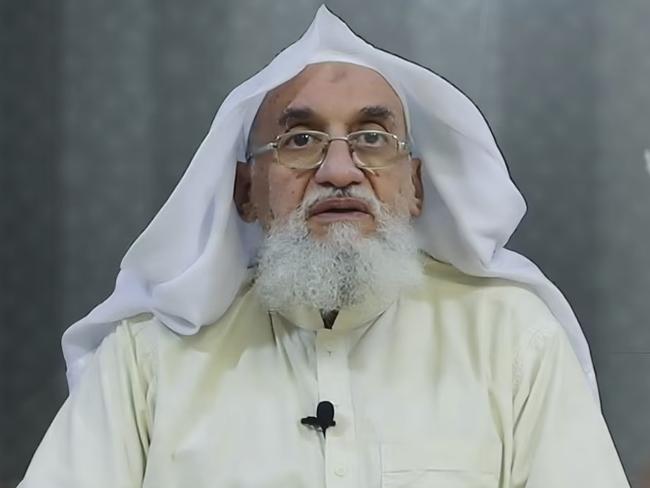 This image taken from a video issued by as-Sahab, al Qaeda's media branch, in April 2022, shows al Qaeda leader Ayman al Zawahiri. Picture: as-Sahab