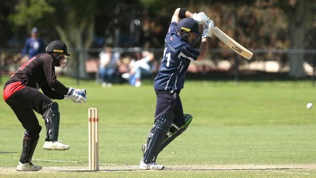 Cameron Stevenson drives off the back foot for Carlton. Picture: Hamish Blair