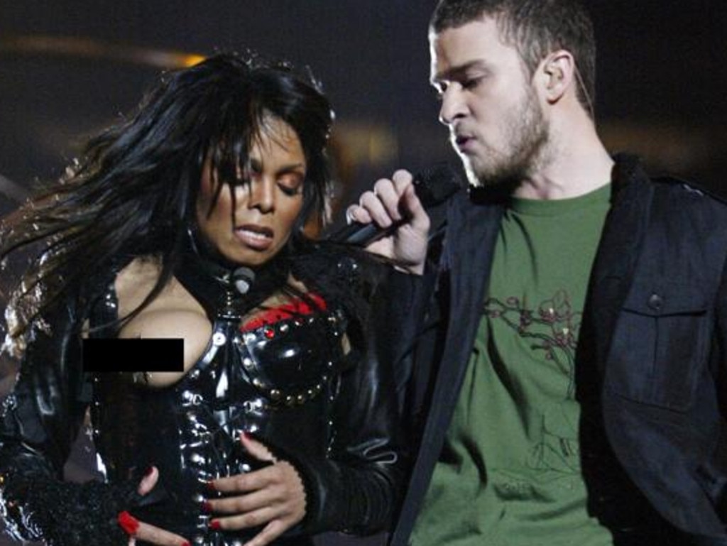 Timberlake and Janet Jackson’s performance at the Super Bowl halftime Show in 2004 ended with a wardrobe malfunction. Picture: Frank Micelotta/Getty Images/AFP