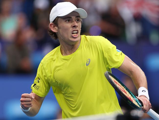 PERTH, AUSTRALIA - JANUARY 01: Alex de Minaur of Team Australia celebrates winning his singles match against Taylor Fritz of Team USA during day four of the 2024 United Cup at RAC Arena on January 01, 2024 in Perth, Australia. (Photo by Paul Kane/Getty Images)