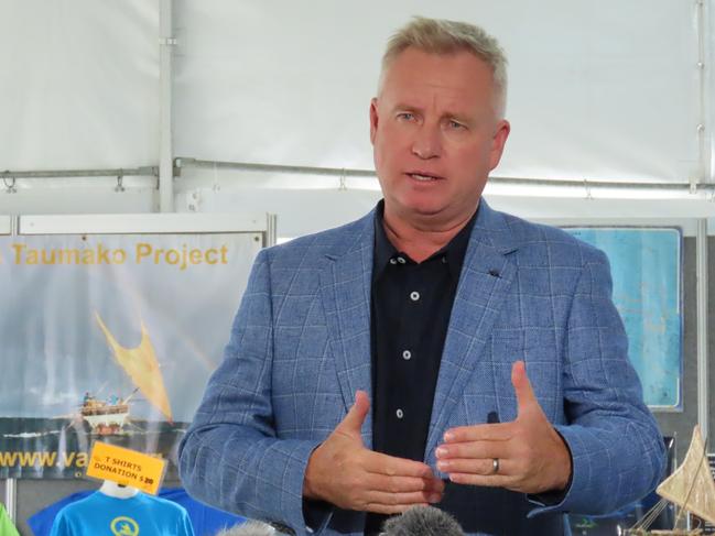 Premier Jeremy Rockliff speaks to the media at the Australian Wooden Boat Festival in Hobart at Friday, February 7, 2025.