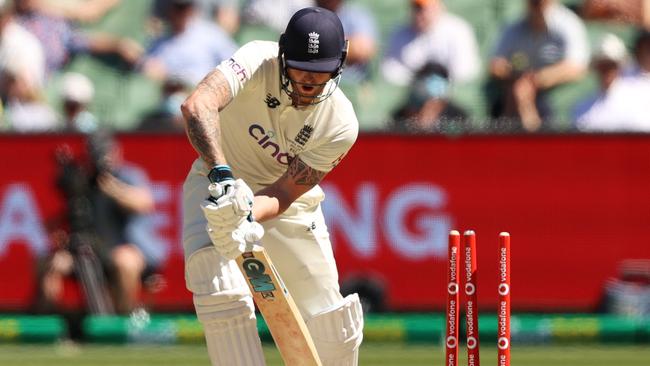 Ben Stokes is bowled out by Mitchell Starc during the third Test in Melbourne. Picture: Getty Images