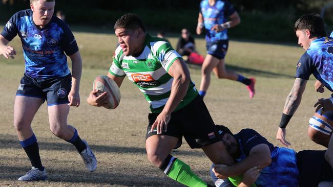 Gold Coast District Rugby Union (GCDRU) first grade clash between Helensvale Hogs (Blue) and Palm Beach Currumbin Alleygators (Green). Match Played at Helensvale. Pic Mike Batterham