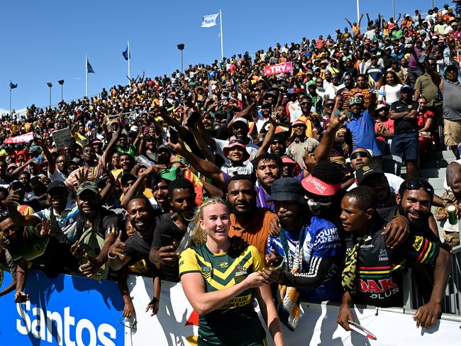 Jaime Chapman is mobbed in Port Moresby. Picture: NRL