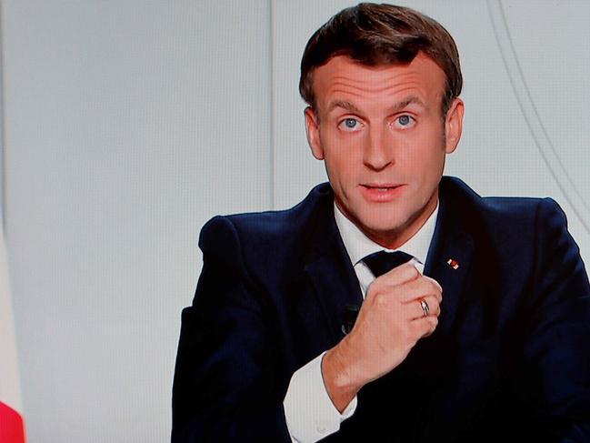 French President Emmanuel Macron as he delivers an evening televised address to the nation to announce new measures aimed at curbing the spread of the COVID-19 pandemic. Picture: AFP