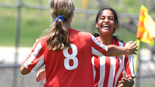 Keisha Blaauw celebrate one of her goals Kelvin Grove State College Vs Helensvale State High. Schools Premier League grand final day. Tuesday October 28, 2021. Picture, John Gass