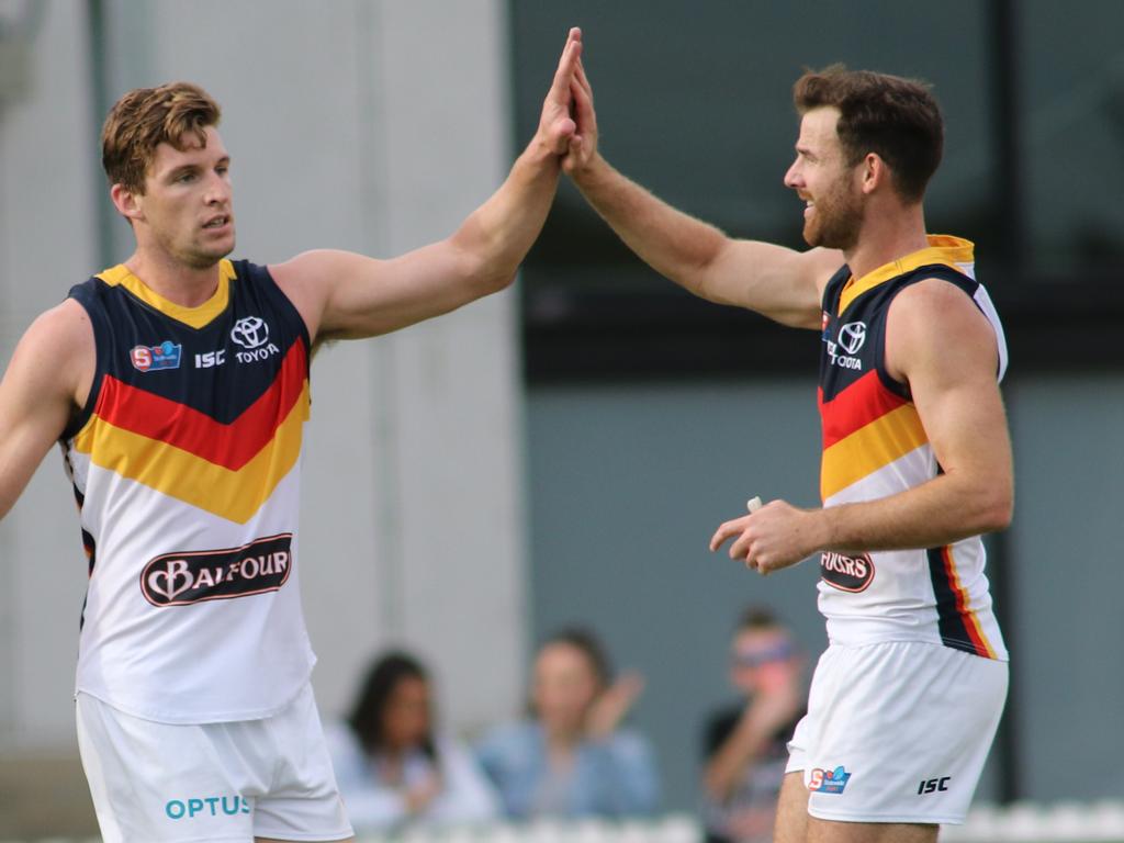 ADV SPORT :  SANFL: Port Adelaide v Adelaide at Alberton Oval,  Ade.laide's Josh Jenkins celebrates another goal with team mates18/5/2019     AAP Image/Russell Millard)