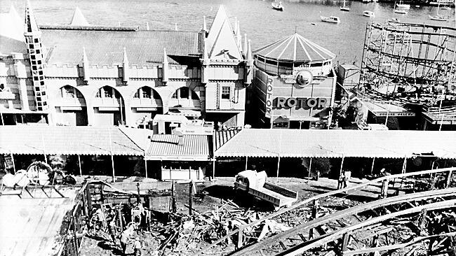 An aerial view of the damage following the fire on the Ghost Train ride at Luna Park in Sydney in 1979.