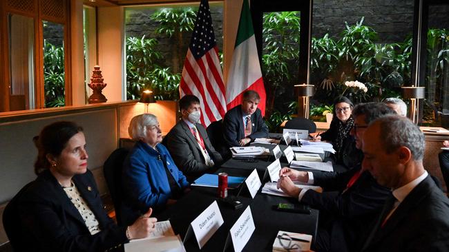 Treasury Secretary Janet Yellen, second left, pressed her counterparts over Russia sanctions during the G20 summit in Bali last week. Picture: Adek Berry/AFP