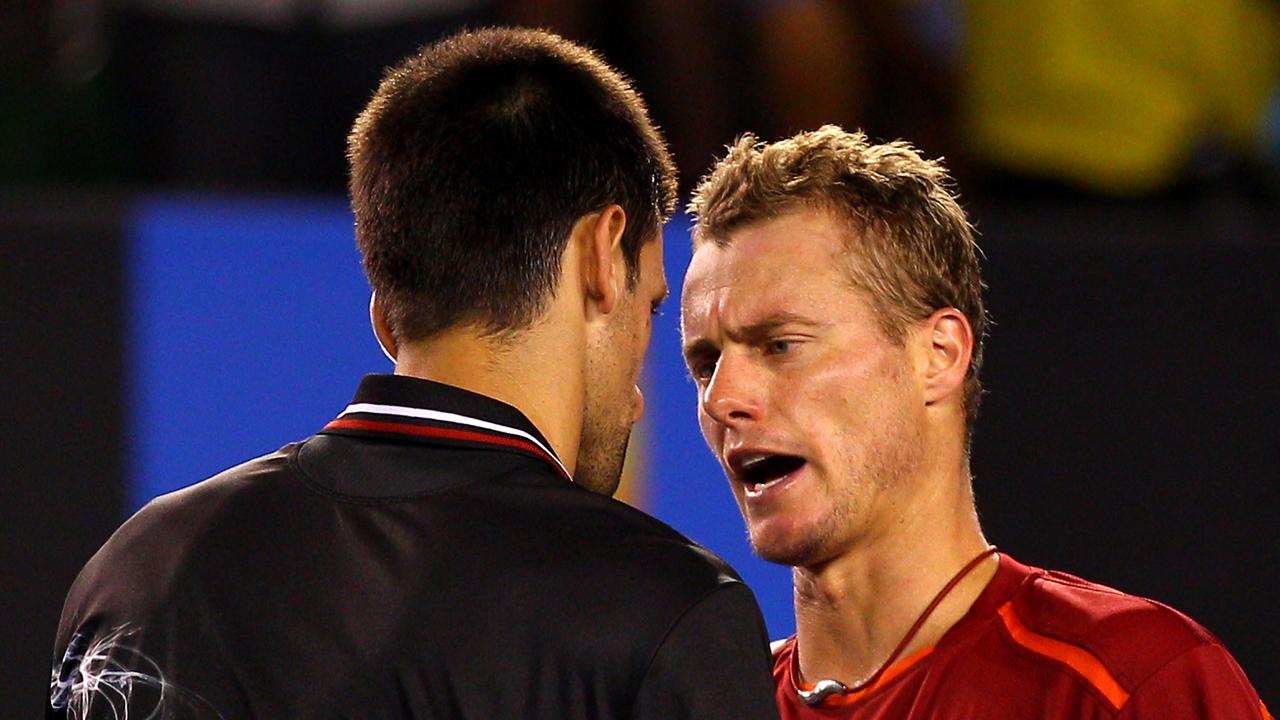 Lleyton Hewitt and Novak Djokovic after their fourth round match at the 2012 Australian Open. Picture: Mark Kolbe/Getty Images
