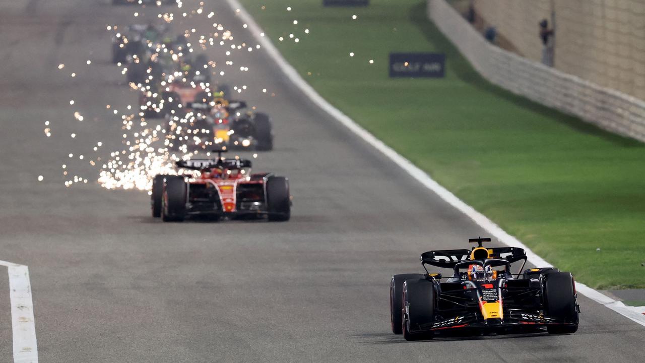 Charles Leclerc’s sparking car following Max Verstappen’s Red Bull at Bahrain. Picture: AFP