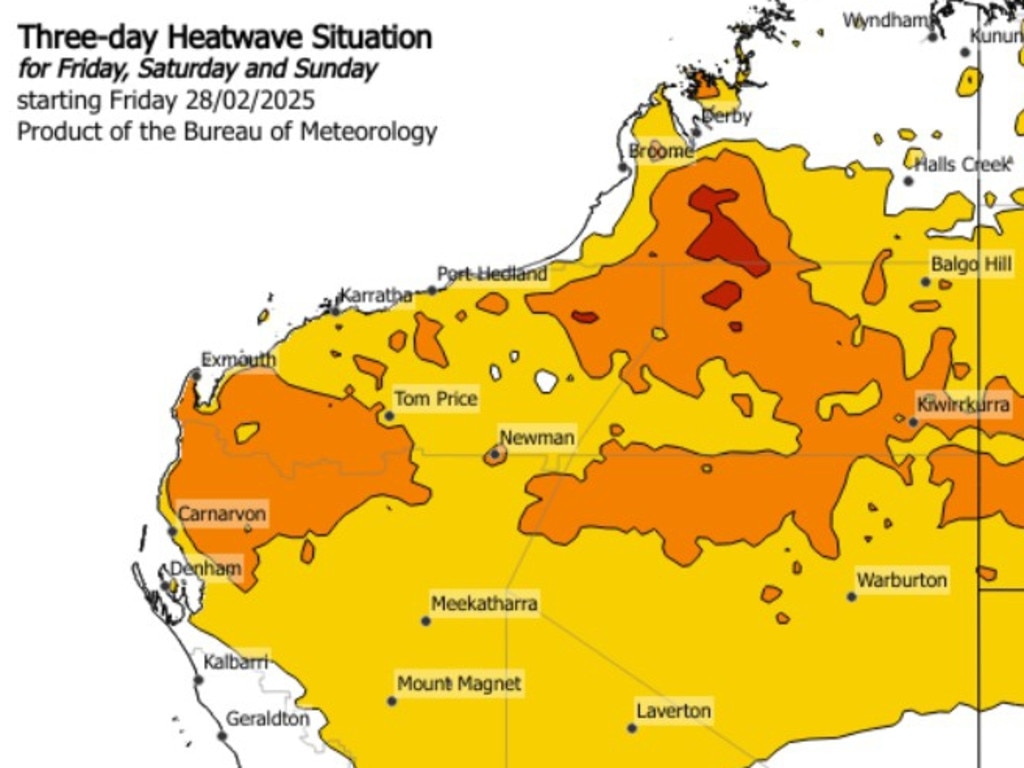 BoM's three-day heatwave forecast for WA from February 28, 2025 onwards. Yellow denotes a low intensity heatwave, orange a severe heatwave and red an extreme heatwave. Picture: BOM