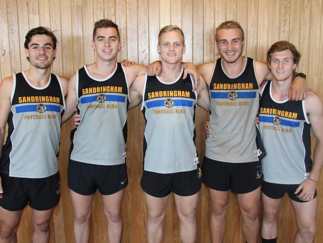 Sandringham’s “community combiners’’ (L-R) Michael Batten, Trent Thomas, Ryan Carroll, Lochie Adey and Dylan Webber.