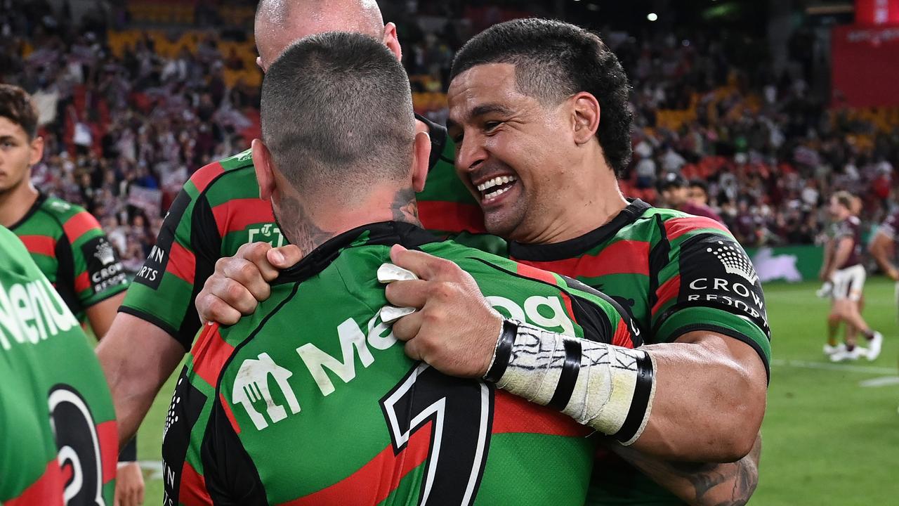 BRISBANE, AUSTRALIA - SEPTEMBER 24: Adam Reynolds of the Rabbitohs and Cody Walker of the Rabbitohs celebrate winning the NRL Preliminary Final match between the South Sydney Rabbitohs and the Manly Sea Eagles at Suncorp Stadium on September 24, 2021 in Brisbane, Australia. (Photo by Bradley Kanaris/Getty Images)