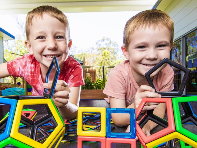 Kids born after 2010 are Gen Alpha. Some kids on technology.Levi Holder, 4 and Travis Cooper, 5 with magnet shapes.Picture: NIGEL HALLETT