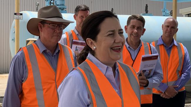 During her visit to Rockhampton, Premier Annastacia Palaszczuk answered questions about the South Rockhampton flood levee. She was with Rockhampton MP Barry O'Rourke (left), Transport Minister Mark Bailey, Treasurer Cameron Dick, and Minister for Manufacturing Glenn Butcher.