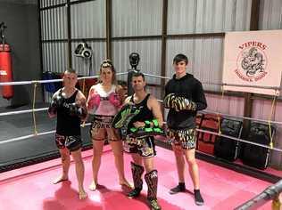 STEPPING INTO THE RING: Josh Wright, Kimberley McPherson, owner and head trainer Luke Newton and Degan Martin from Vipers Muay Thai are heading up the Rocky Rumble 19 Part II. Picture: Contributed