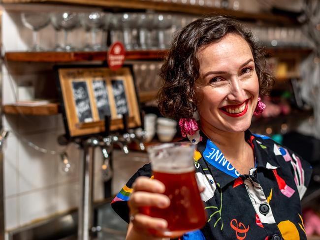 Ms Flanagan’s latest brewing ideas include Don’t Look Now Belgian Stout, Days of Heaven Lemon Wheat Beer and (Wo) man with a golden gun ale. Picture: Monique Harmer