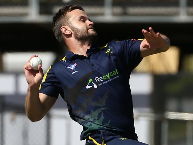 VDSCA Cricket: Werribee v Plenty Valley: Michael Rogneda of Plenty Valley bowling on Saturday, March 6, 2021 in Werribee, Australia