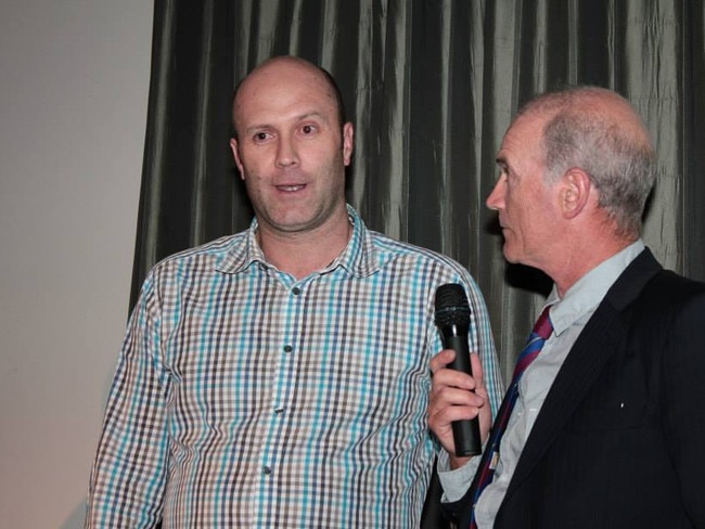 Cameron Wallace (left) speaks at Frankston Peninsula's 20-year function in 2013.