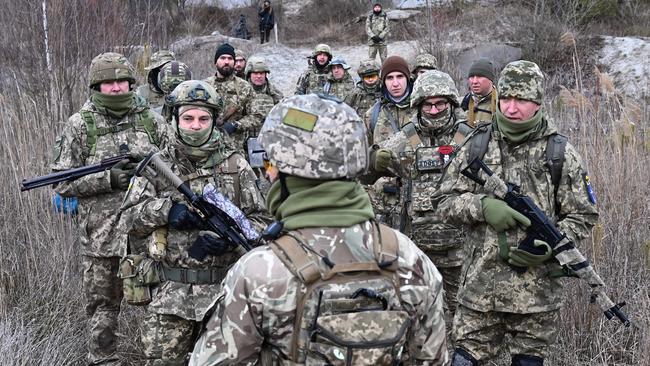 The Ukrainian Territorial Defence Forces, the military reserve of the Ukrainian Armed Forces, take part in a military drill outside Kiev on February 19, 2022. Picture: AFP