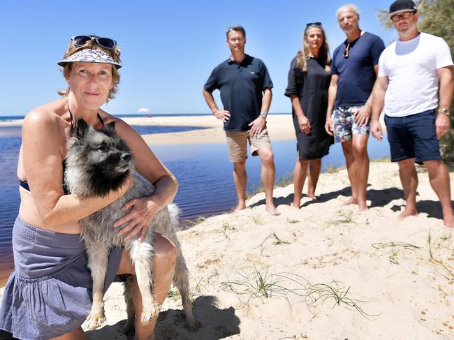 Noosa residents Penny Robertson, Pat Rogers, Christian Cersasani, Gabriel Cersasani and Andrew McKenna are calling on Noosa Council to take action and stop its own stormwater run-off eroding and contaminating local dunes, beaches and waterways. Picture: Patrick Woods.