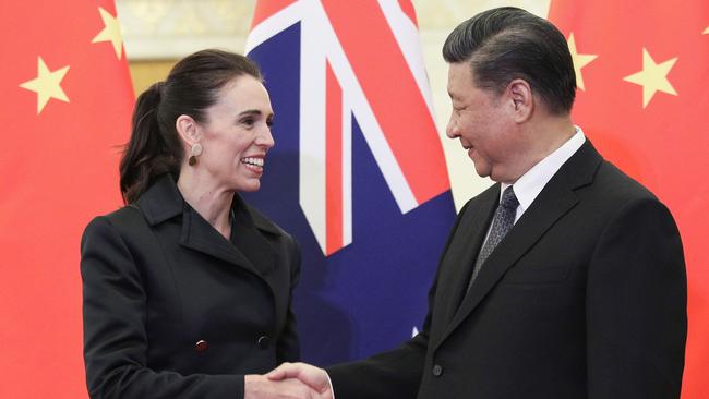 New Zealand Prime Minister Jacinda Ardern with Chinese President Xi Jinping in Beijing in 2019. Picture: AFP