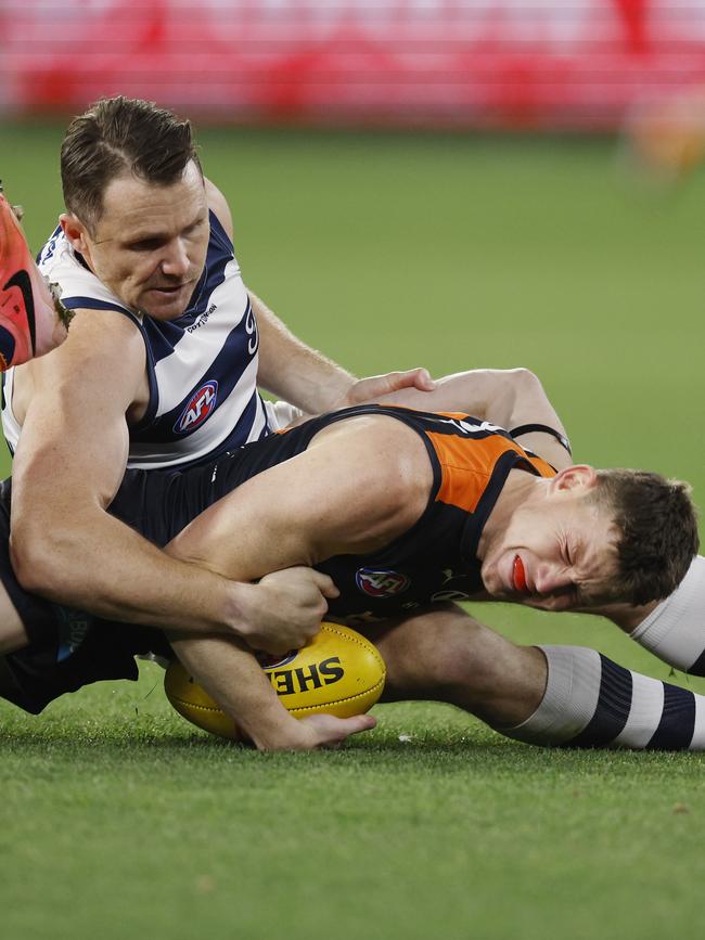 Danger pinned Walsh’s arms before his head crashed into the turf. Pic: Michael Klein