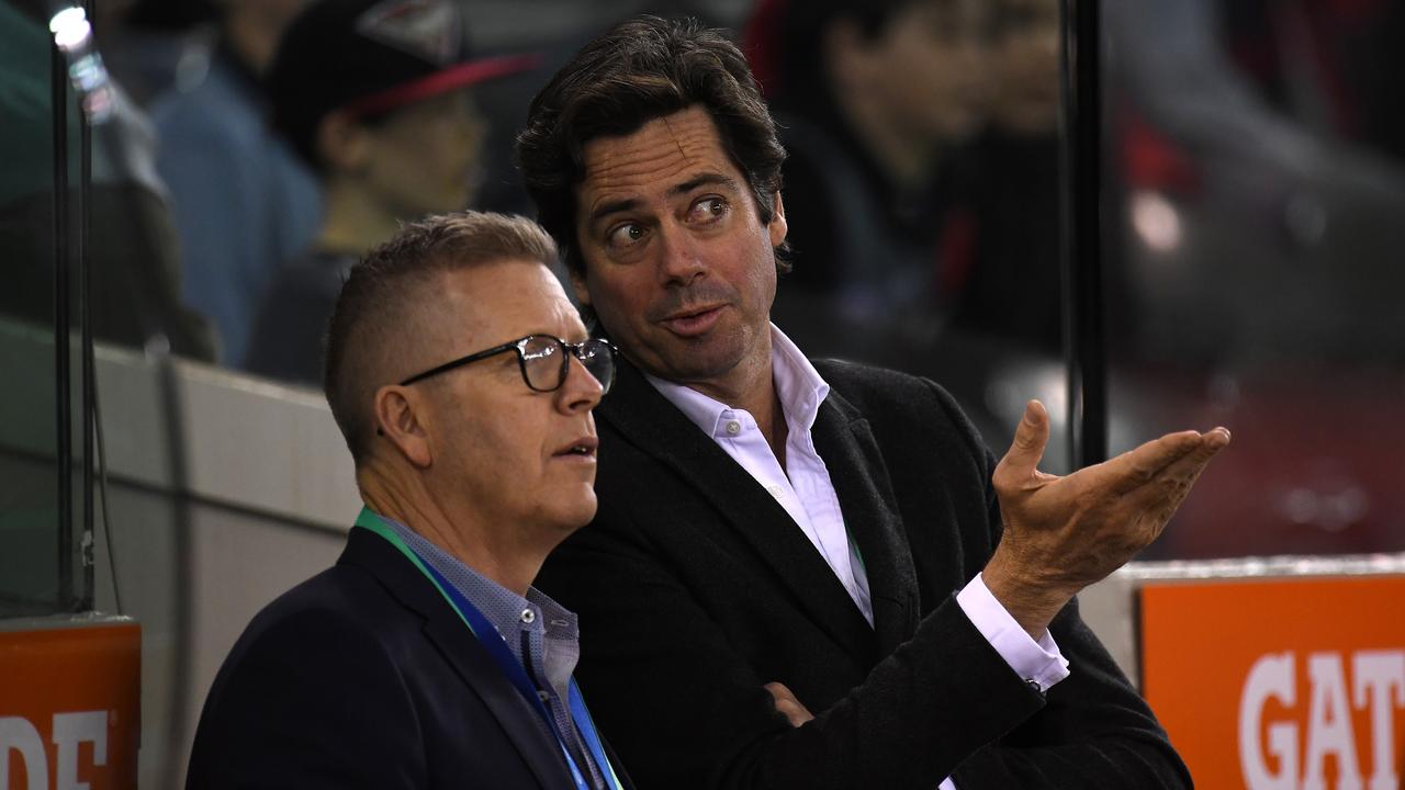 AFL football operations boss Steve Hocking (left) and AFL CEO Gillon McLachlan will be part of rule change discussions later this year. (AAP Image/Julian Smith)