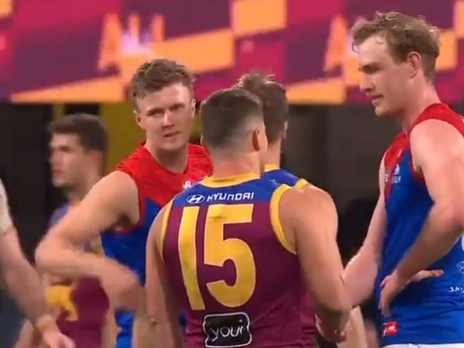 Harrison Petty seen upset after he was sledged by Lions  Dayne Zorko . Screen grabs Channel 7