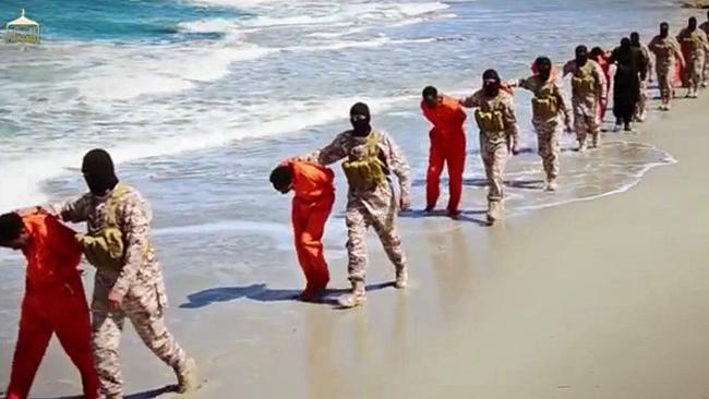 Islamic State militants walk Ethiopian Christians to a beach before killing them. Picture: AP